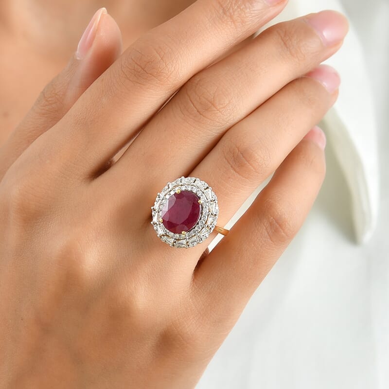 D'Joy Premium Niassa Ruby (FF) and Moissanite 8.25 ctw Ring in 18K Vermeil Yellow Gold Over Sterling Silver (Size 7.0)