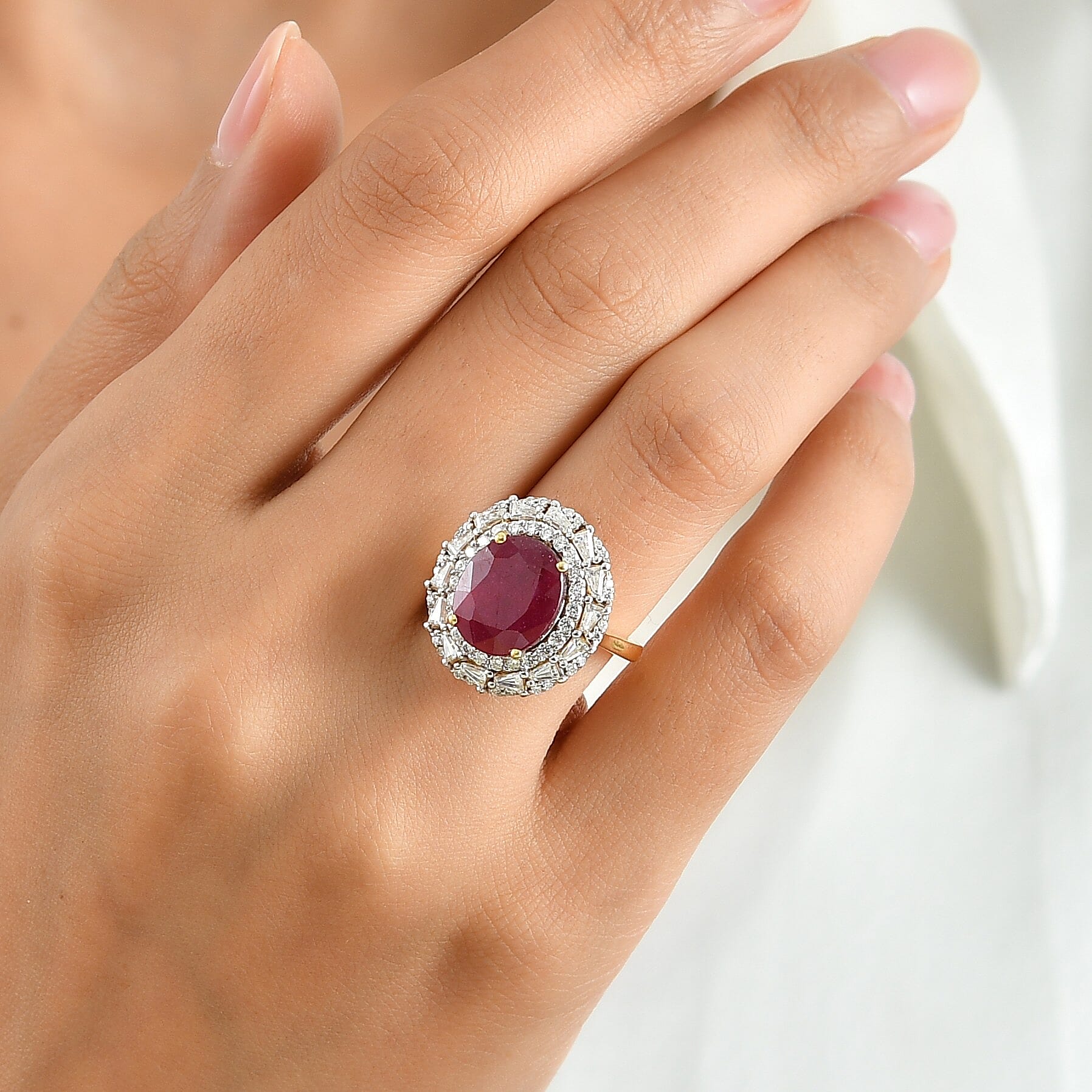 D'Joy Premium Niassa Ruby (FF) and Moissanite 8.25 ctw Ring in 18K Vermeil Yellow Gold Over Sterling Silver (Size 8.0)
