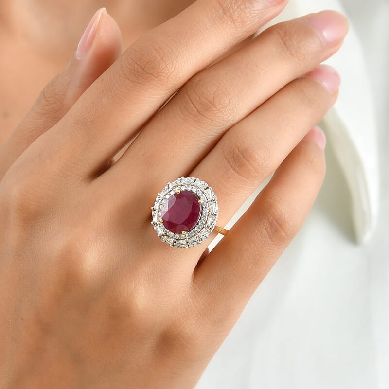D'Joy Premium Niassa Ruby (FF) and Moissanite 8.25 ctw Ring in 18K Vermeil Yellow Gold Over Sterling Silver (Size 8.0)