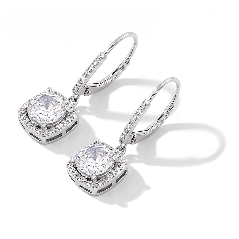 Simulated Diamond Drop Earrings in Silvertone (Size 10.0)