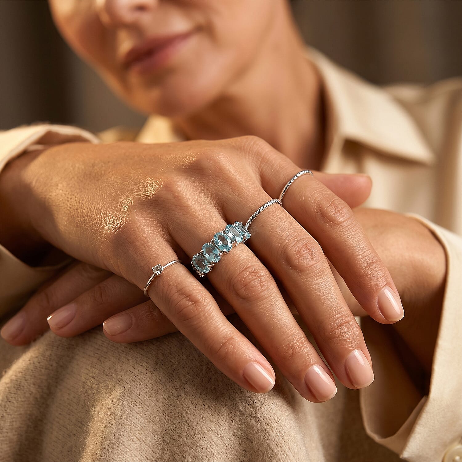 D'Joy Lagoon Apatite and Moissanite 2.65 ctw Ring in Rhodium Over Sterling Silver (Size 6.0)