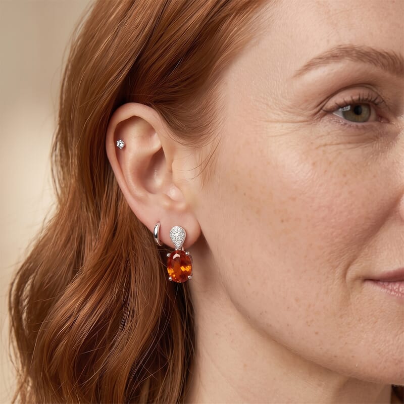D'Joy Cherry Citrine and White Zircon 3.50 ctw Dangling Earrings in Rhodium Over Sterling Silver