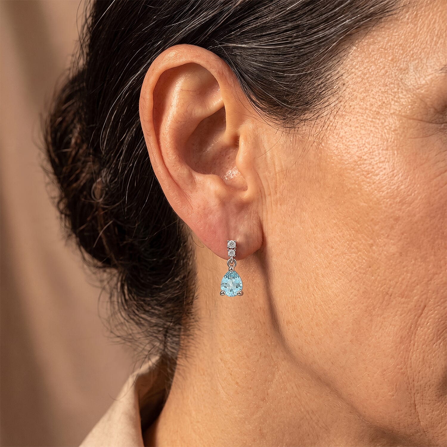 D'Joy Mint Apatite and White Zircon 0.80 ctw Dangling Earrings in Rhodium Over Sterling Silver