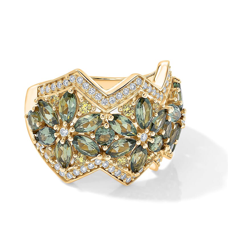 D'Joy Premium Natural Green Apatite and Multi Gemstone Floral 4.10 ctw Floral Majesty Ring in 18K Vermeil Yellow Gold Over Sterling Silver (Size 6.0)