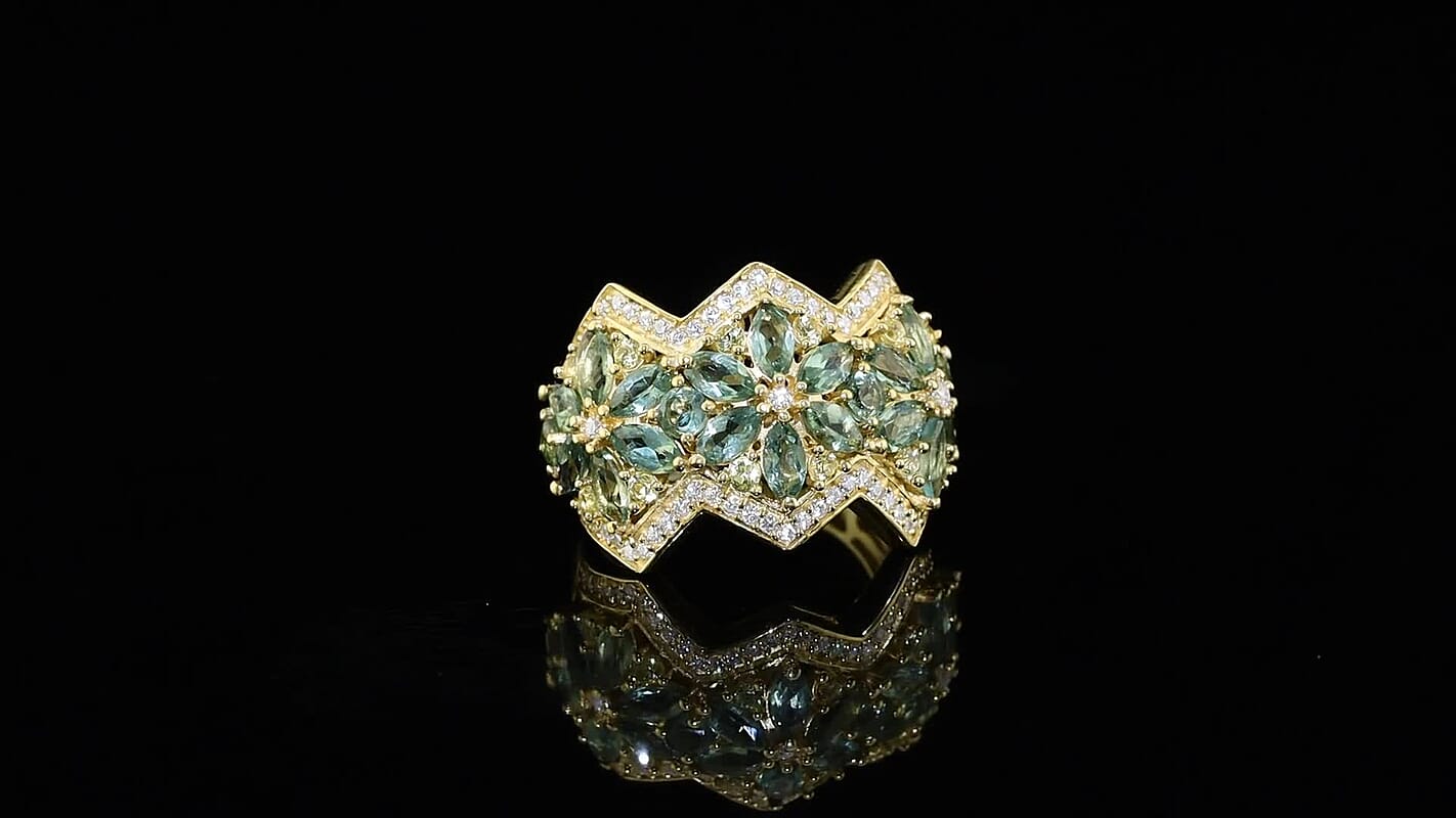D''Joy Premium Natural Green Apatite, Multi Gemstone Floral Ring in 18K Vermeil YG Over Sterling Silver (Size 6.0) 4.10 ctw