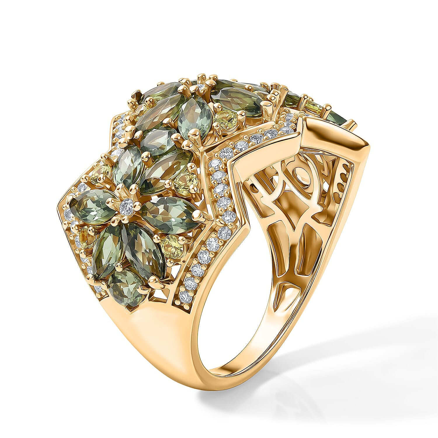 D'Joy Premium Natural Green Apatite and Multi Gemstone Floral 4.10 ctw Floral Majesty Ring in 18K Vermeil Yellow Gold Over Sterling Silver (Size 6.0)