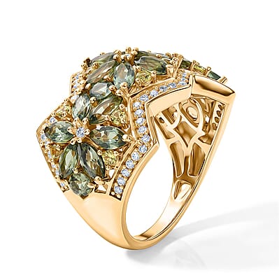 D'Joy Premium Natural Green Apatite and Multi Gemstone Floral 4.10 ctw Floral Majesty Ring in 18K Vermeil Yellow Gold Over Sterling Silver (Size 6.0)