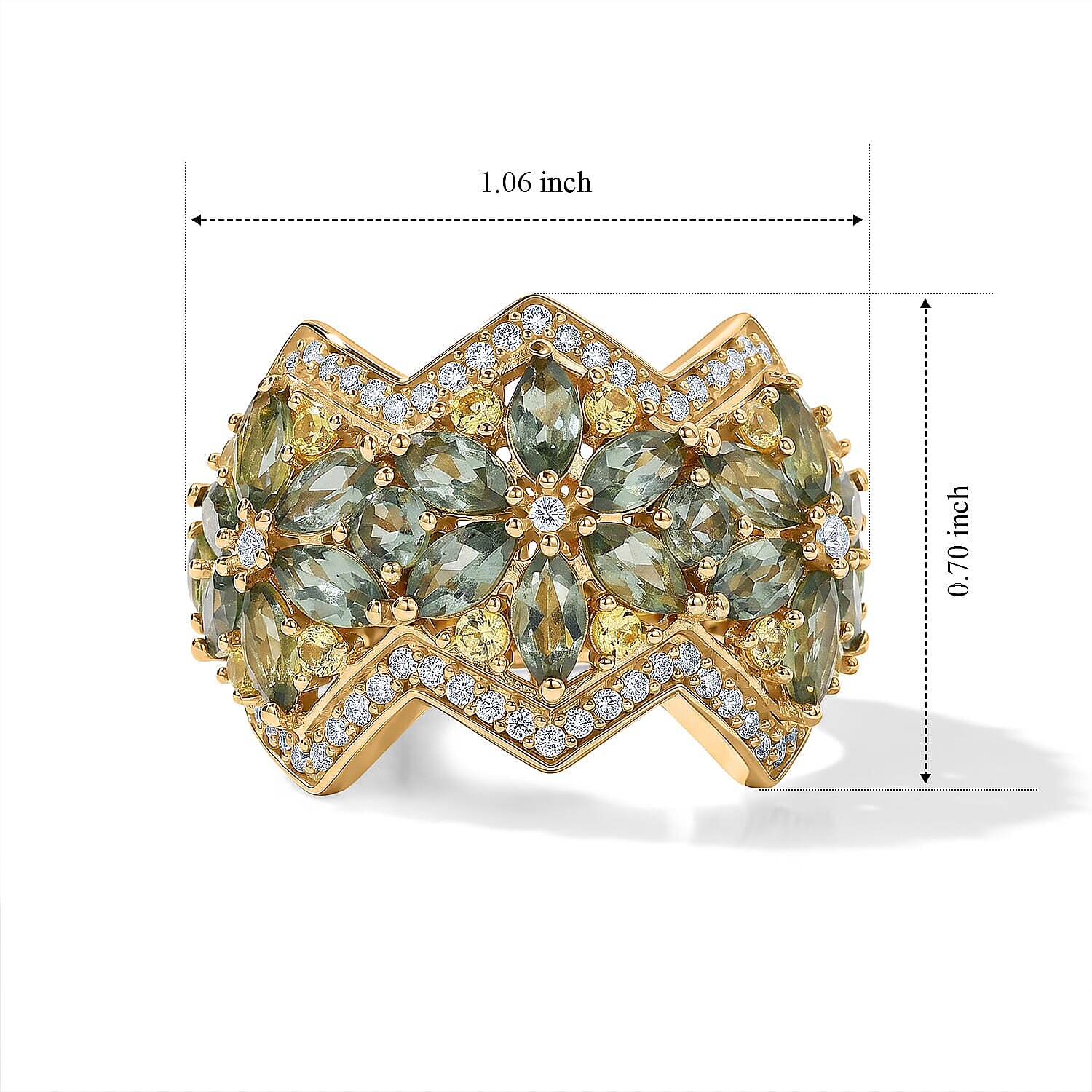 D'Joy Premium Natural Green Apatite and Multi Gemstone Floral 4.10 ctw Floral Majesty Ring in 18K Vermeil Yellow Gold Over Sterling Silver (Size 6.0)