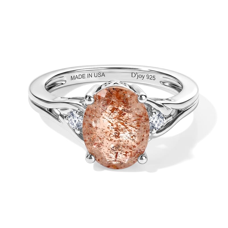 D'Joy Tanzanian Sun Stone and White Zircon 4.65 ctw Ring in Rhodium Over Sterling Silver (Size 7.0)