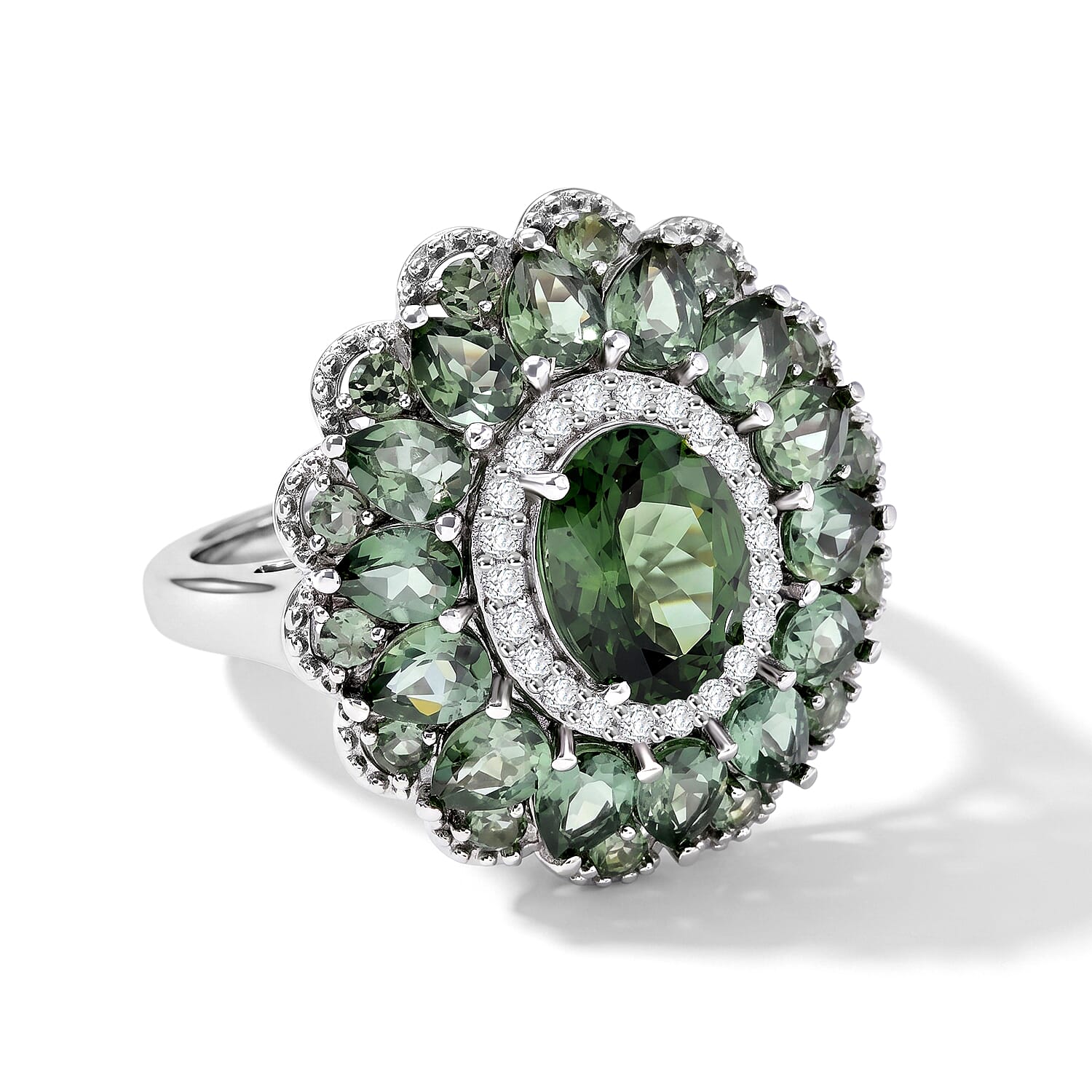 D''Joy Premium Natural Green Apatite, Moissanite Ring in Rhodium Over Sterling Silver (Size 10.0) 4.85 ctw