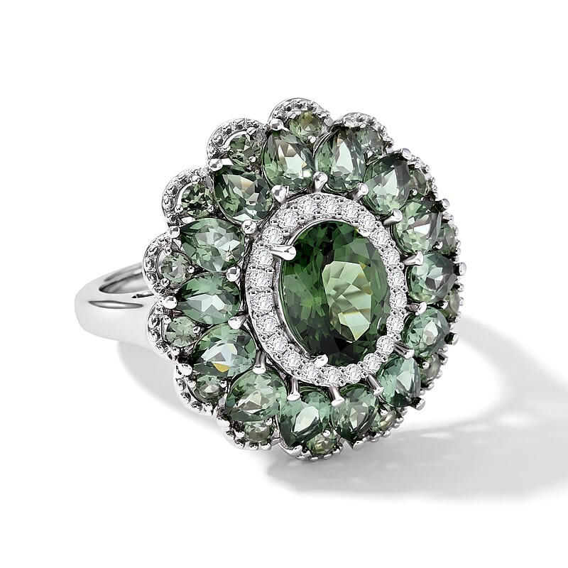 D'Joy Premium Natural Green Apatite and Moissanite 4.85 ctw Evergreen Elegance Ring in Rhodium Over Sterling Silver (Size 6.0)