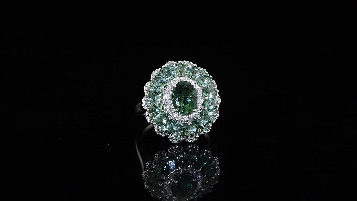 D''Joy Premium Natural Green Apatite, Moissanite Ring in Rhodium Over Sterling Silver (Size 10.0) 4.85 ctw