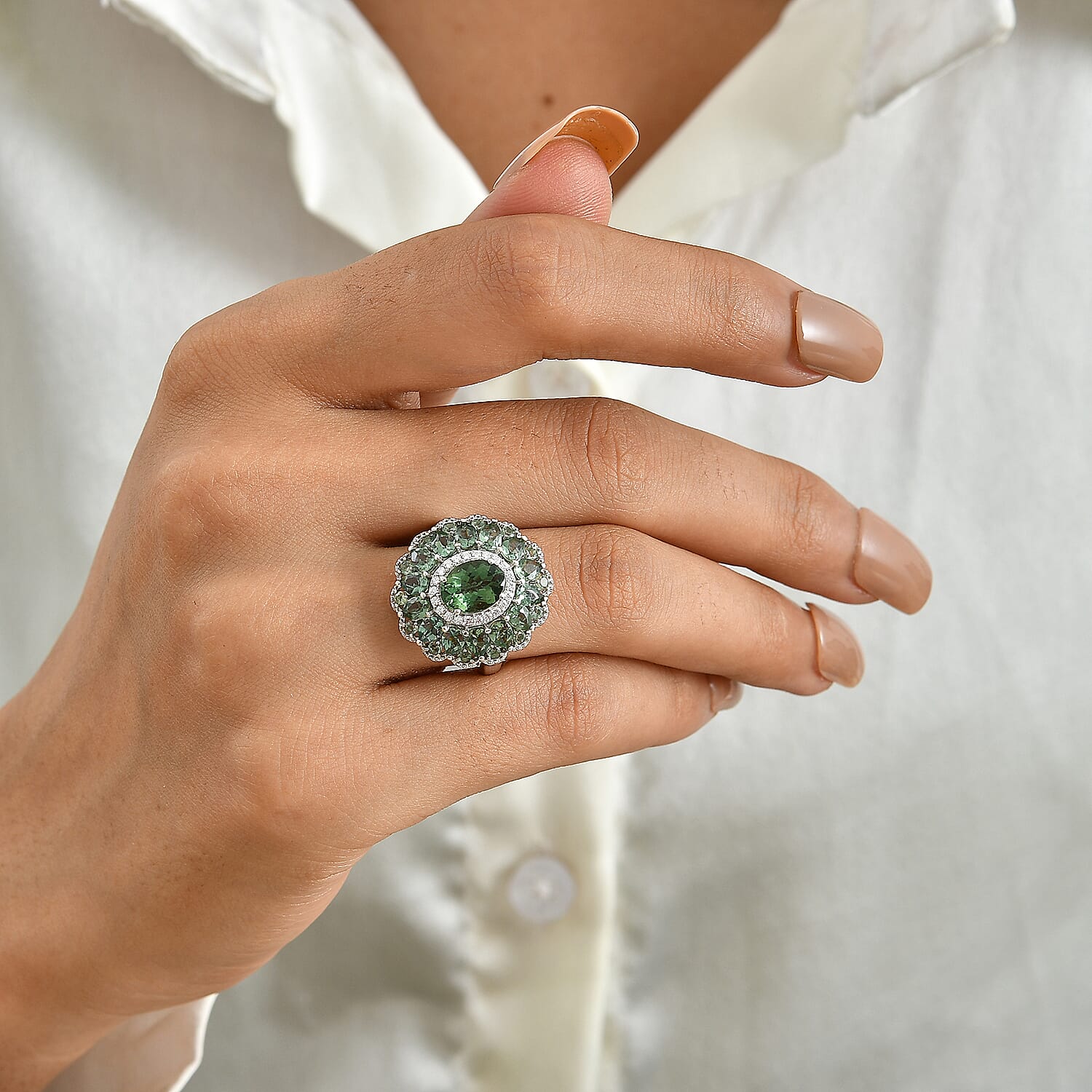 D'Joy Premium Natural Green Apatite and Moissanite 4.85 ctw Evergreen Elegance Ring in Rhodium Over Sterling Silver (Size 6.0)