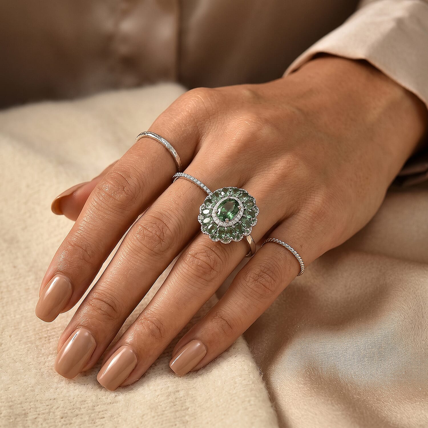 D'Joy Premium Natural Green Apatite and Moissanite 4.85 ctw Evergreen Elegance Ring in Rhodium Over Sterling Silver (Size 6.0)