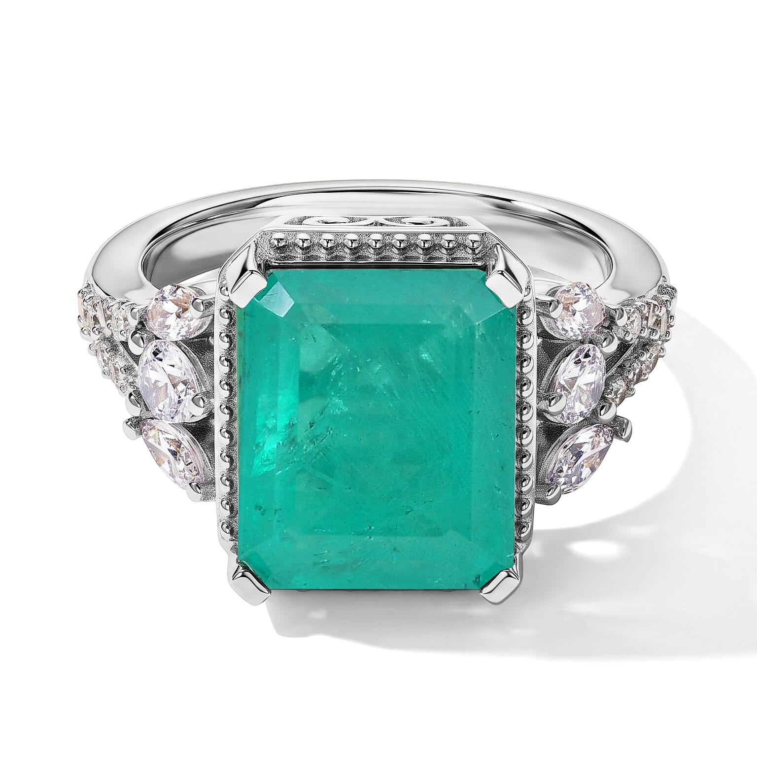 EverTrue Emeraldine Quartz (Triplet) and White Zircon Ring in Platinum Bond (Size 6.0)