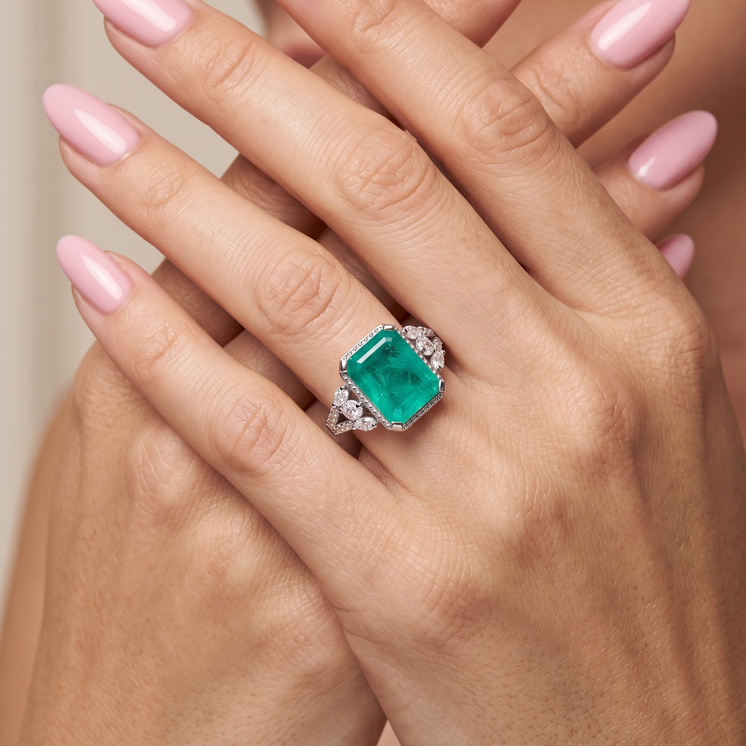 EverTrue Emeraldine Quartz (Triplet) and White Zircon Ring in Platinum Bond (Size 6.0)