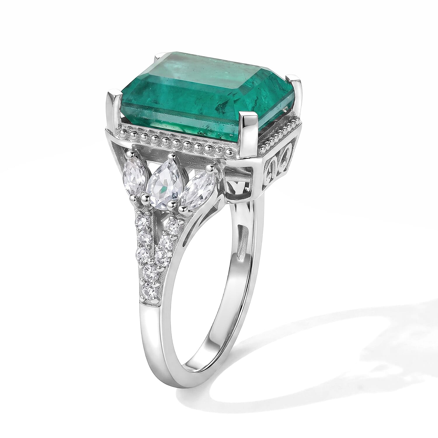 EverTrue Emeraldine Quartz (Triplet) and White Zircon Ring in Platinum Bond (Size 6.0)
