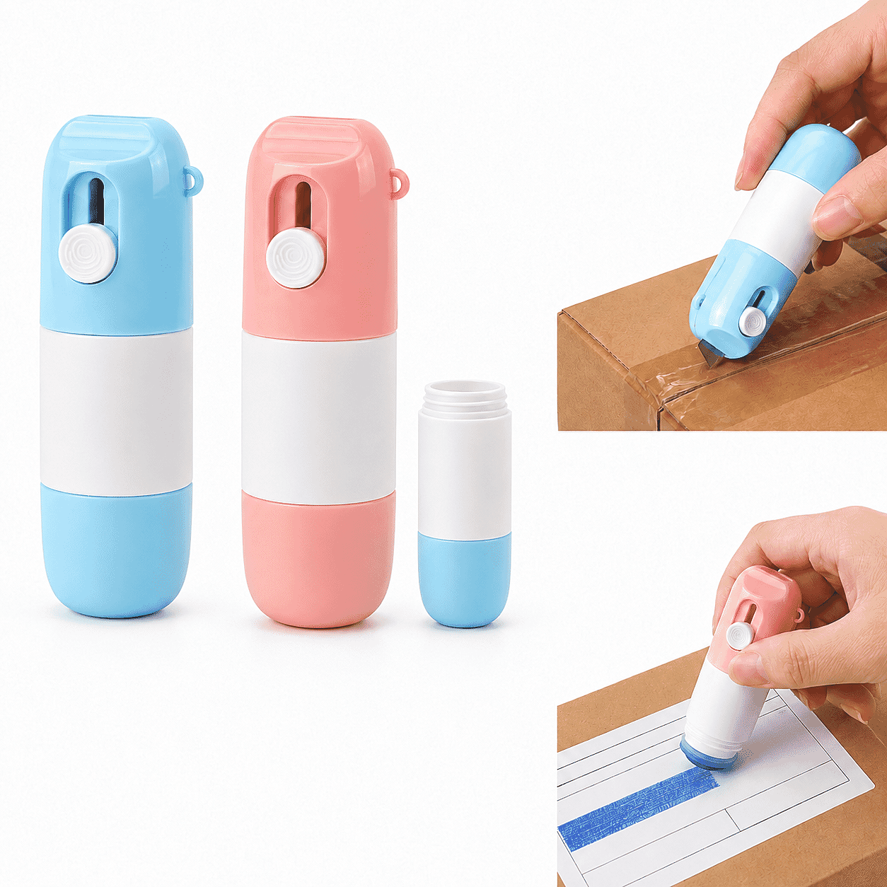 Livmore Pink and Blue Set of 2 2-in-1 Box Cutter & Thermal Paper Eraser with Extra Ink