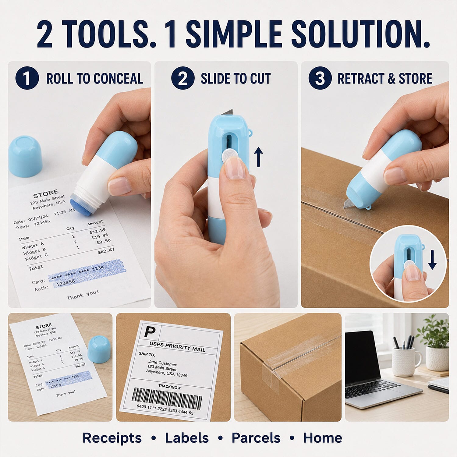 Livmore Pink and Blue Set of 2 2-in-1 Box Cutter & Thermal Paper Eraser with Extra Ink