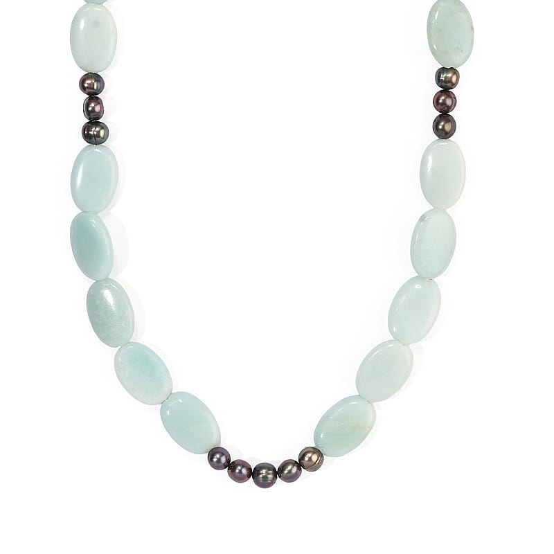 EverTrue Amazonite 170.00 ctw and Peacock Pearl (D) Necklace in Platinum Bond Stainless Steel 18-19 Inches