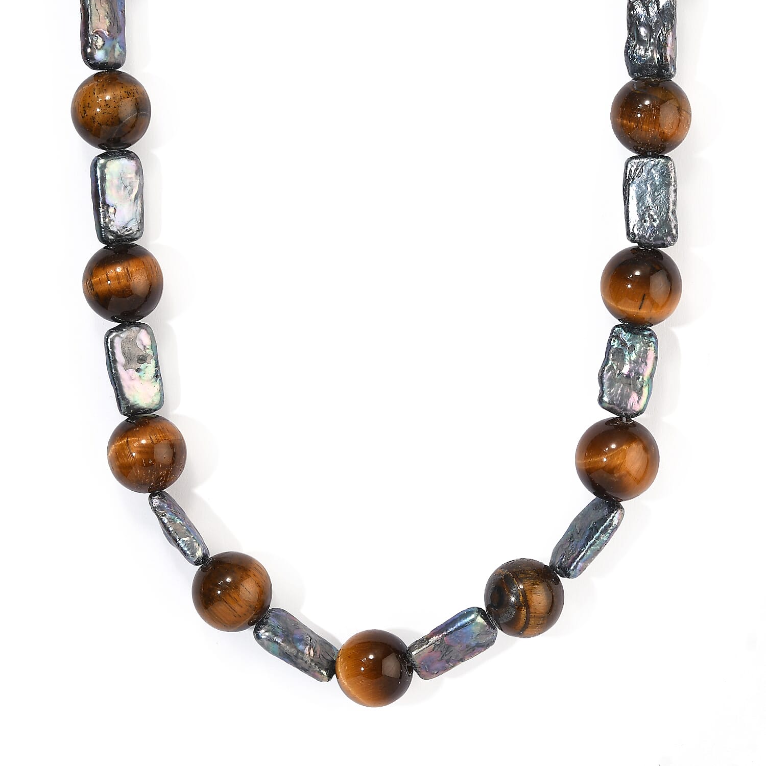 EverTrue Tiger's Eye 212.00 ctw and Peacock Pearl (D) Necklace in Platinum Bond 18-19 Inches