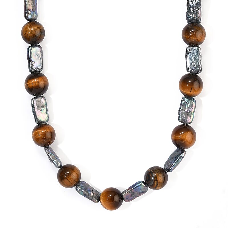 EverTrue Tiger's Eye 212.00 ctw and Peacock Pearl (D) Necklace in Platinum Bond 18-19 Inches