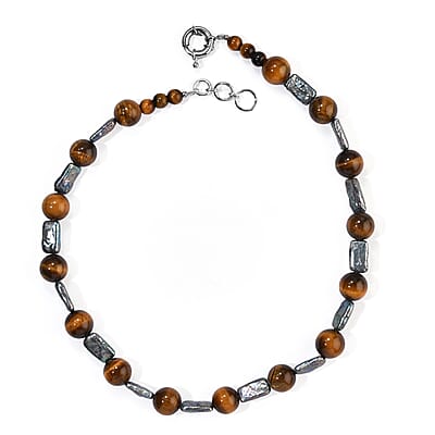 EverTrue Tiger's Eye 212.00 ctw and Peacock Pearl (D) Necklace in Platinum Bond 18-19 Inches