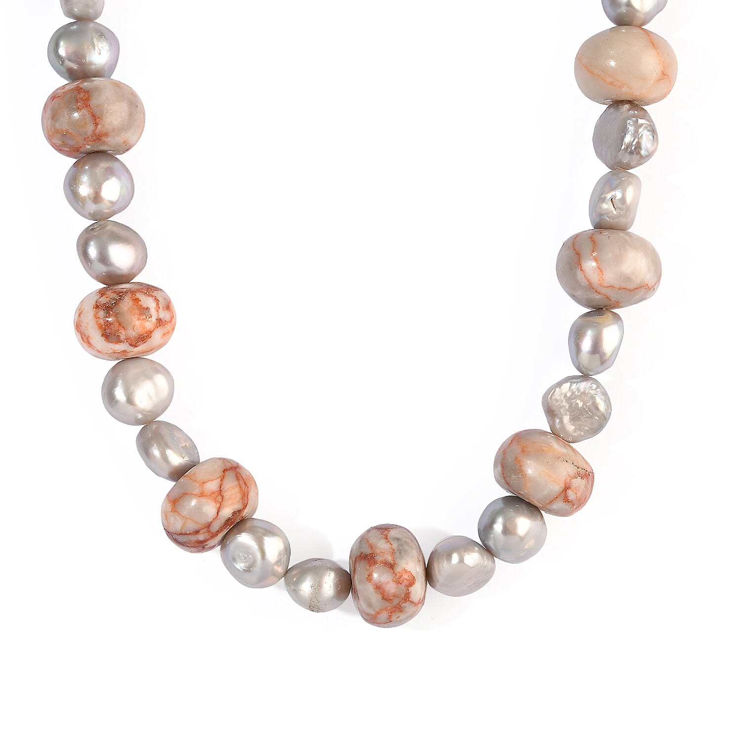 EverTrue Pink Web Jasper 220.00 ctw and Grey Pearl (D) Necklace in Platinum Bond 18-19 Inches