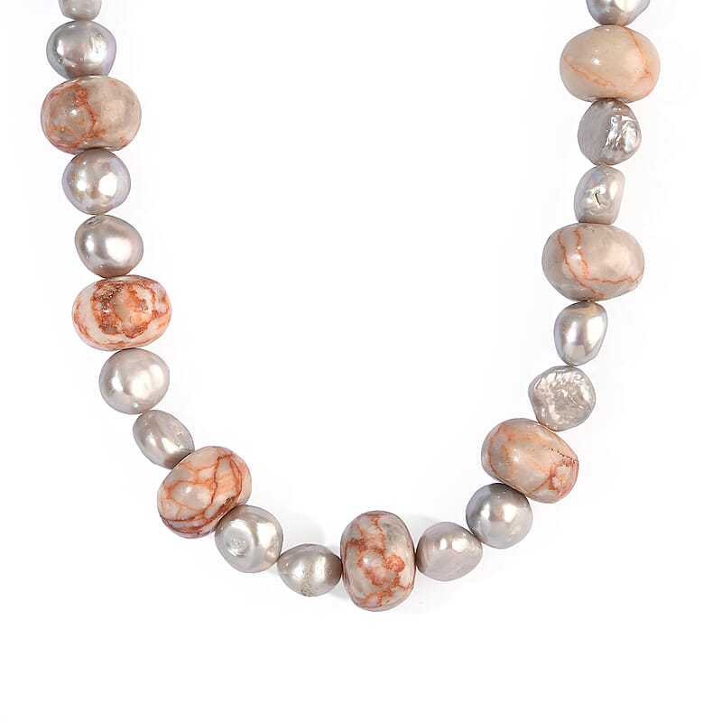 EverTrue Pink Web Jasper 220.00 ctw and Grey Pearl (D) Necklace in Platinum Bond 18-19 Inches