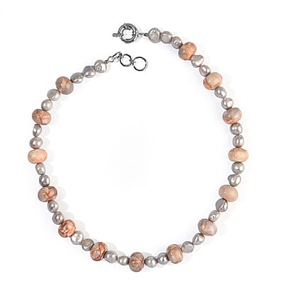 EverTrue Pink Web Jasper 220.00 ctw and Grey Pearl (D) Necklace in Platinum Bond 18-19 Inches