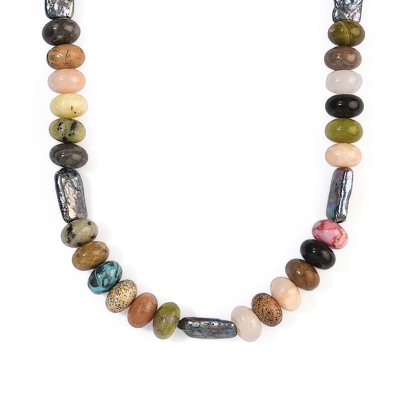 EverTrue Multi Jasper 225.00 ctw and Peacock Pearl (D) Necklace in Platinum Bond 18-19 Inches