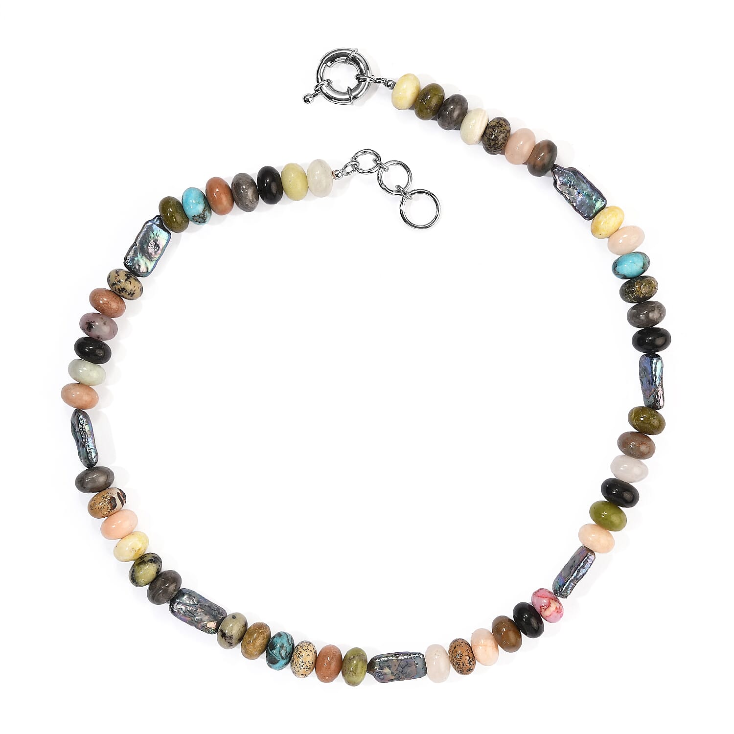 EverTrue Multi Jasper 225.00 ctw and Peacock Pearl (D) Necklace in Platinum Bond 18-19 Inches