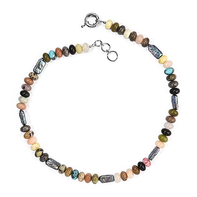 EverTrue Multi Jasper 225.00 ctw and Peacock Pearl (D) Necklace in Platinum Bond 18-19 Inches