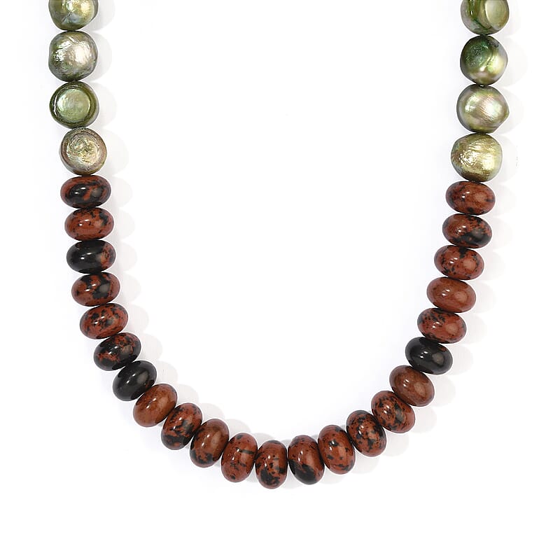 EverTrue Mahagooni Jasper 110.00 ctw and Green Pearl (D) Necklace in Platinum Bond 18-19 Inches