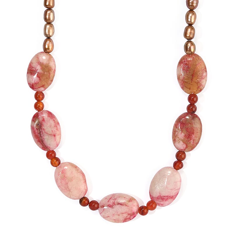 EverTrue Crazy Lace Jasper and Red Agate 150.00 ctw, Brown Pearl (D) Necklace in Platinum Bond 18-19 Inches
