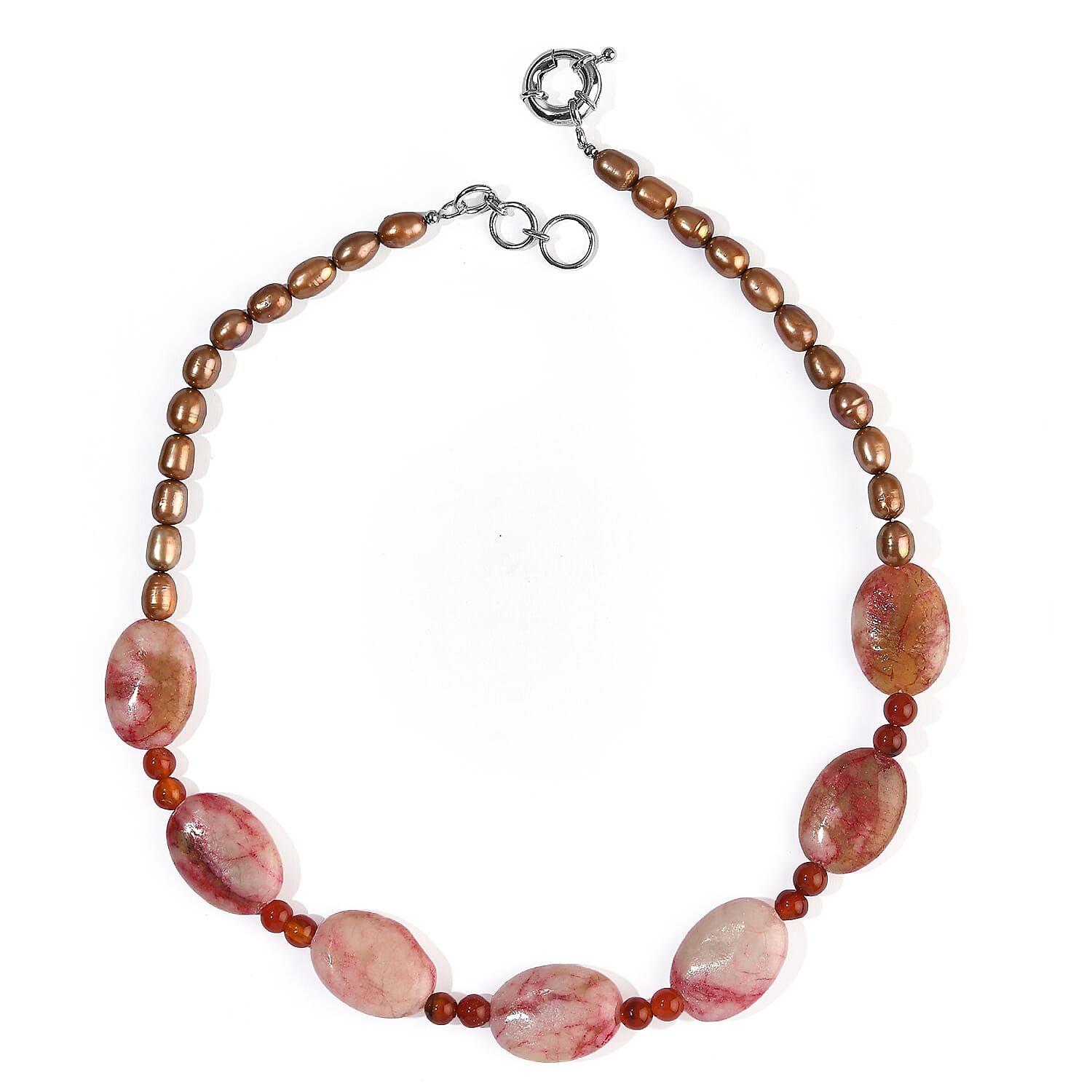 EverTrue Crazy Lace Jasper and Red Agate 150.00 ctw, Brown Pearl (D) Necklace in Platinum Bond 18-19 Inches
