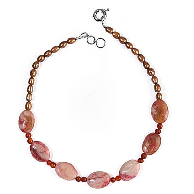 EverTrue Crazy Lace Jasper and Red Agate 150.00 ctw, Brown Pearl (D) Necklace in Platinum Bond 18-19 Inches