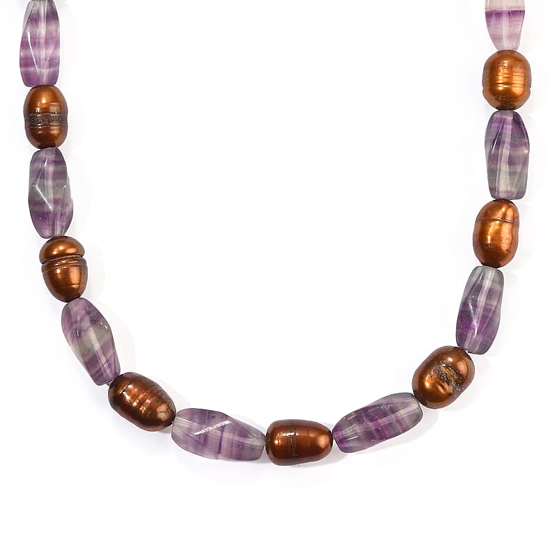 EverTrue Blue Fluorite 170.00 ctw and Brown Pearl (D) Necklace in Platinum Bond 18-19 Inches