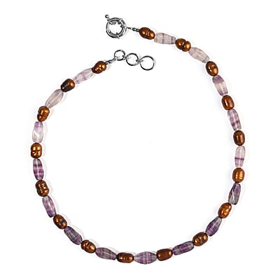 EverTrue Blue Fluorite 170.00 ctw and Brown Pearl (D) Necklace in Platinum Bond 18-19 Inches