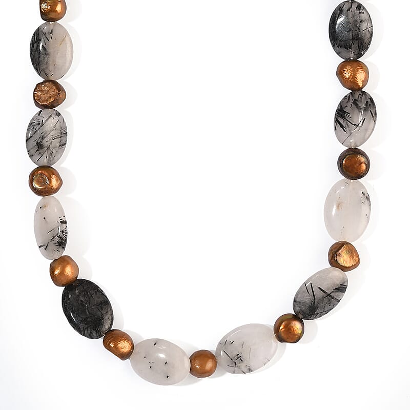 EverTrue Rutile Quartz 205.00 ctw and Bronze Pearl (D) Necklace in Platinum Bond 18-19 Inches