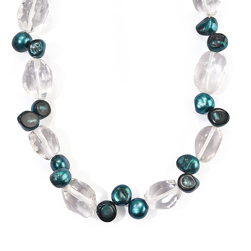 EverTrue Crystal Quartz 240.00 ctw and Navy Blue Pearl (D) Necklace in Platinum Bond 18-19 Inches