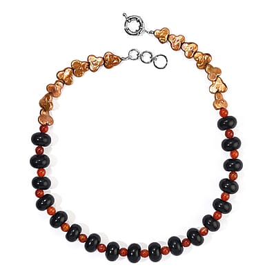 EverTrue Blue and Red Agate 235.00 ctw and Yellow Pearl (D) Necklace in Platinum Bond 18-19 Inches
