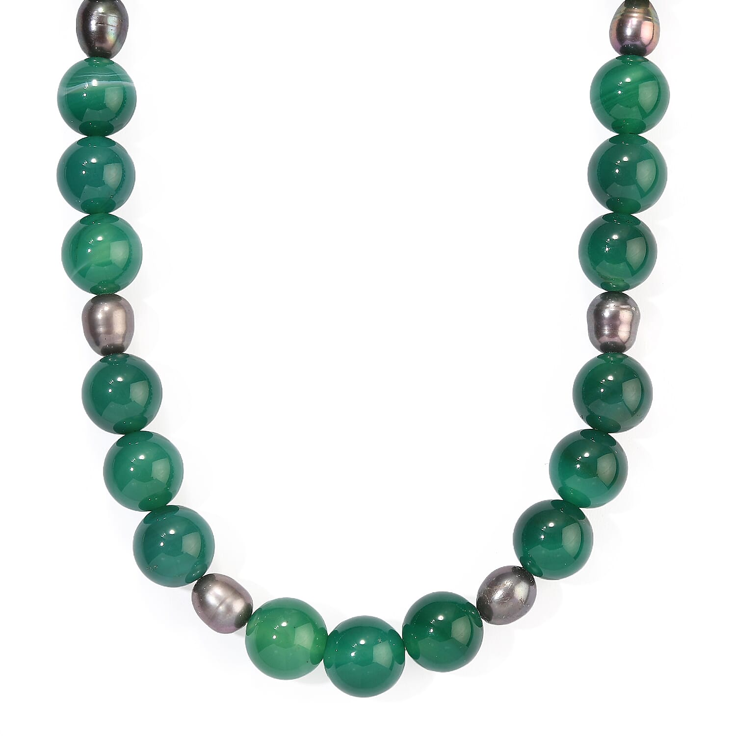EverTrue Green Agate 250.00 ctw and Peacock Pearl (D) Necklace in Platinum Bond 18-19 Inches