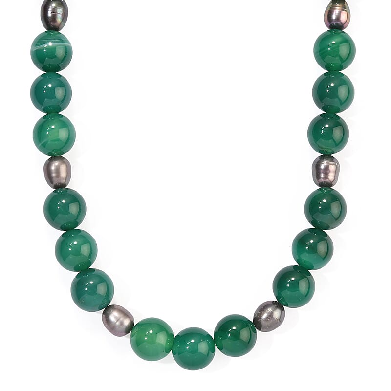 EverTrue Green Agate 250.00 ctw and Peacock Pearl (D) Necklace in Platinum Bond 18-19 Inches