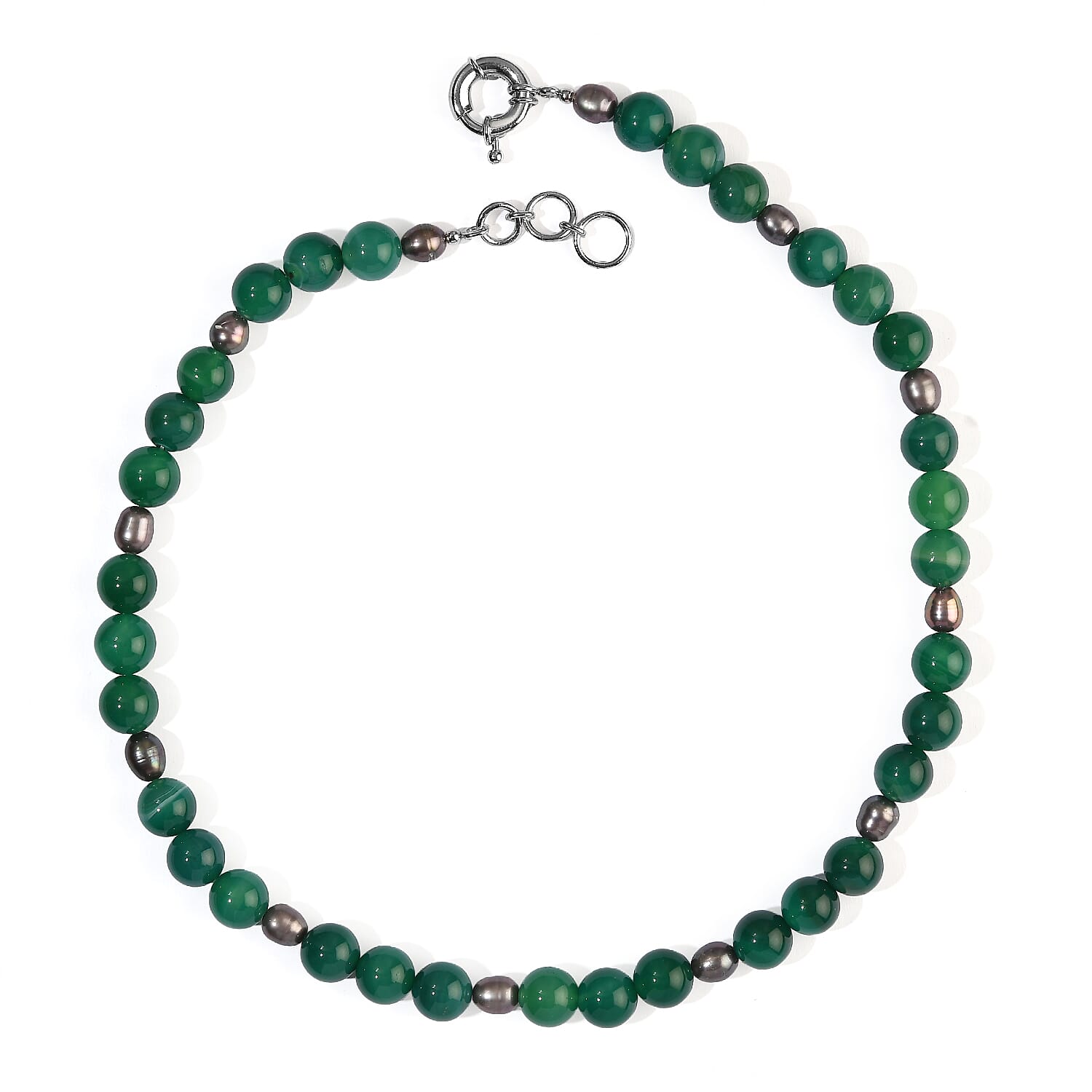 EverTrue Green Agate 250.00 ctw and Peacock Pearl (D) Necklace in Platinum Bond 18-19 Inches