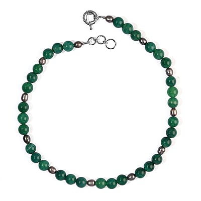 EverTrue Green Agate 250.00 ctw and Peacock Pearl (D) Necklace in Platinum Bond 18-19 Inches