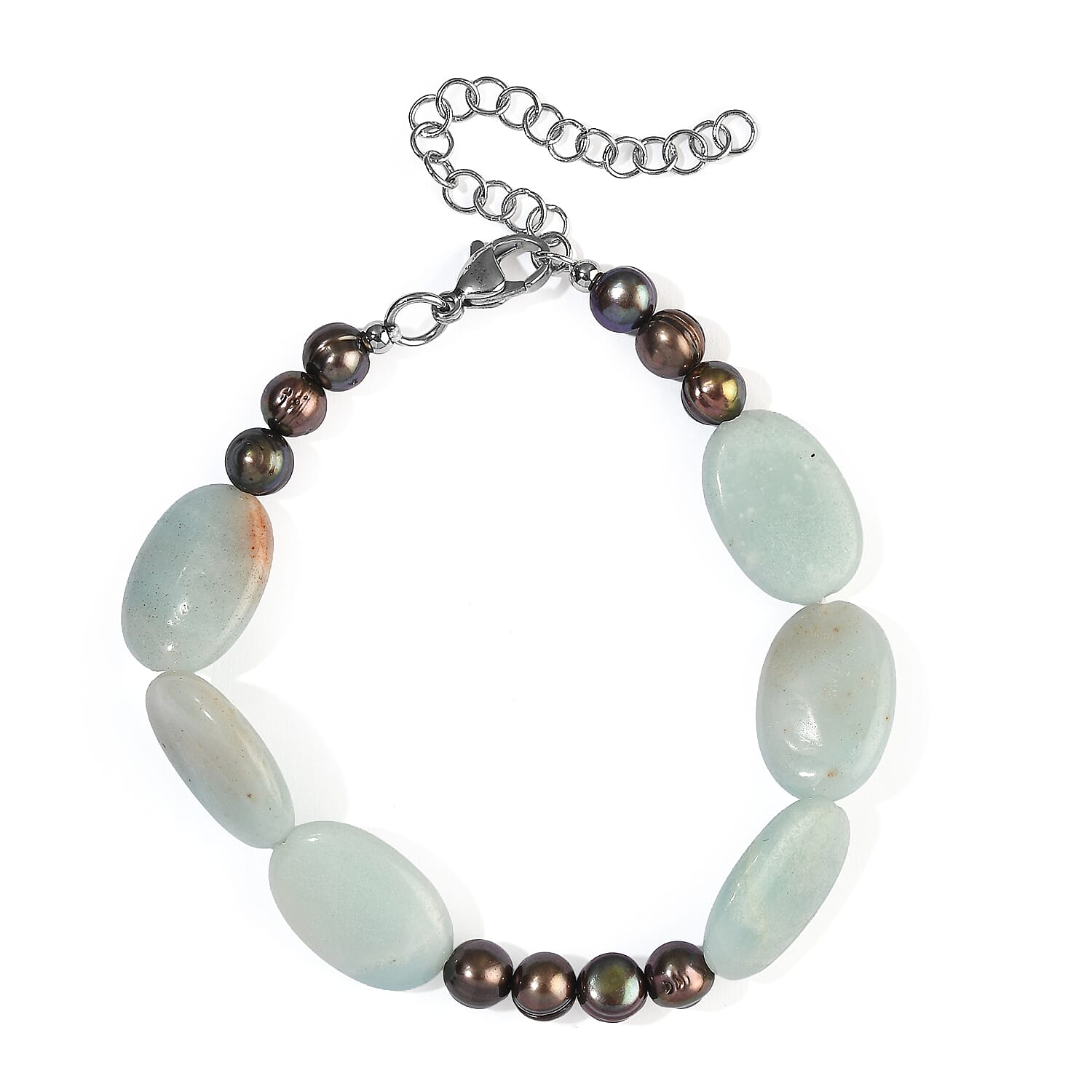 EverTrue Peacock Pearl (D) and Amazonite 70.00 ctw Bracelet in Stainless Steel (7.25-9.25In)