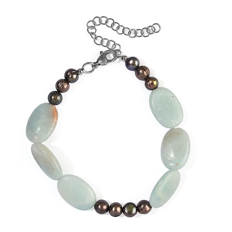 EverTrue Peacock Pearl (D) and Amazonite 70.00 ctw Bracelet in Stainless Steel (7.25-9.25In)