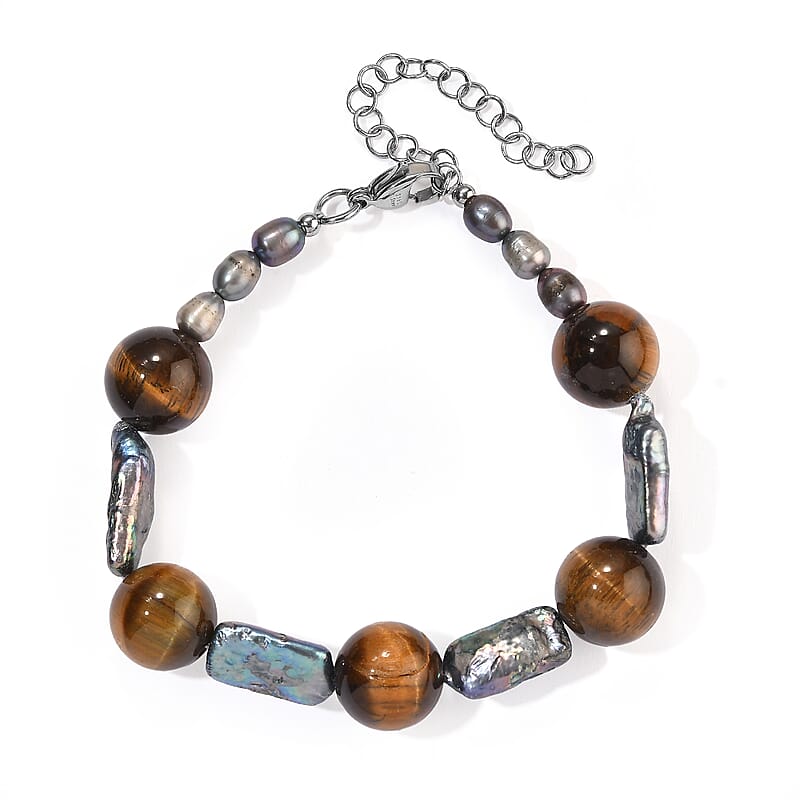 EverTrue Tiger's Eye 70.00 ctw and Peacock Pearl (D) Bracelet in Stainless Steel (7.25-9.25In)