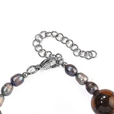 EverTrue Tiger's Eye 70.00 ctw and Peacock Pearl (D) Bracelet in Stainless Steel (7.25-9.25In)